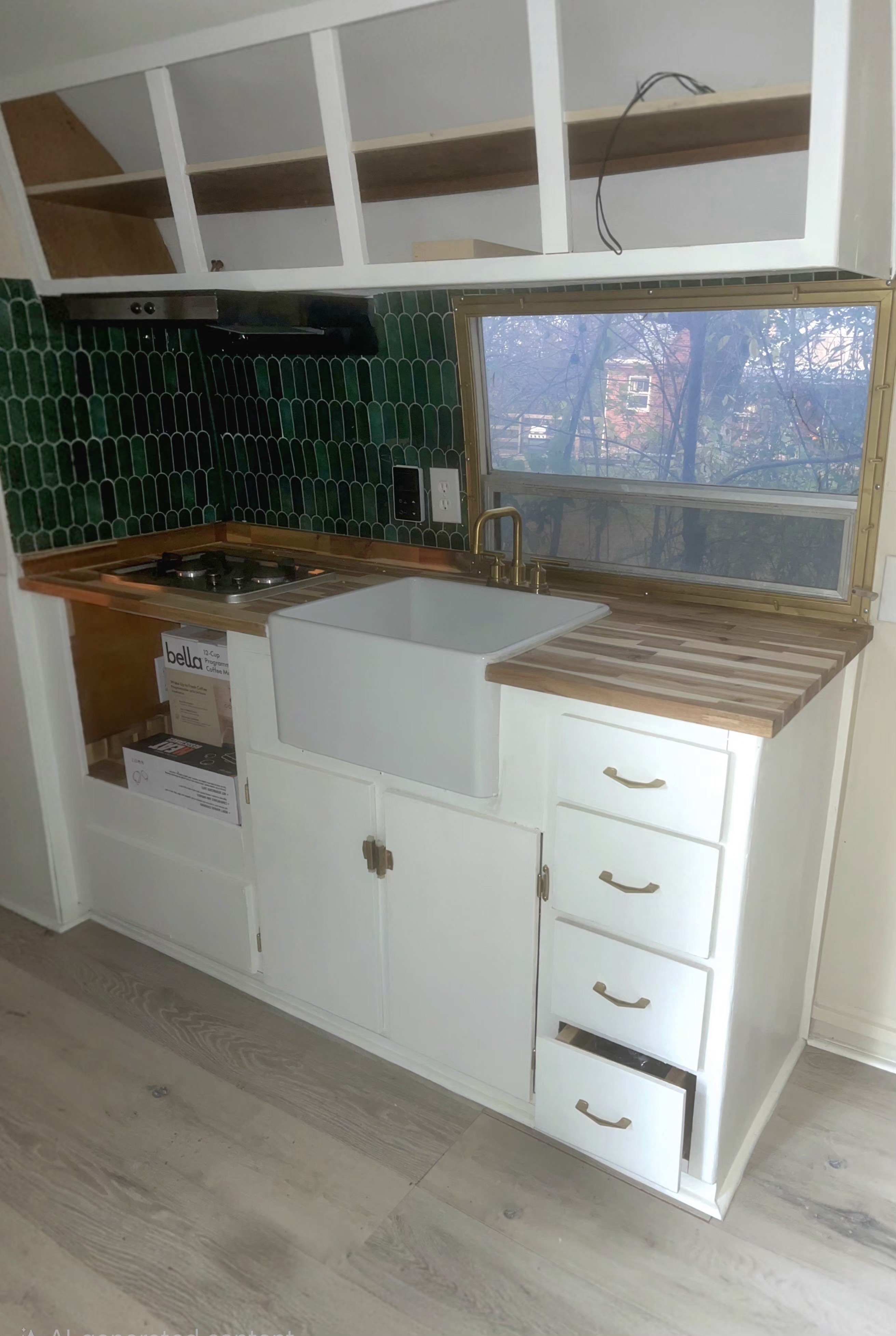 Vintage camper kitchen after: farmhouse sink and butcher block counters